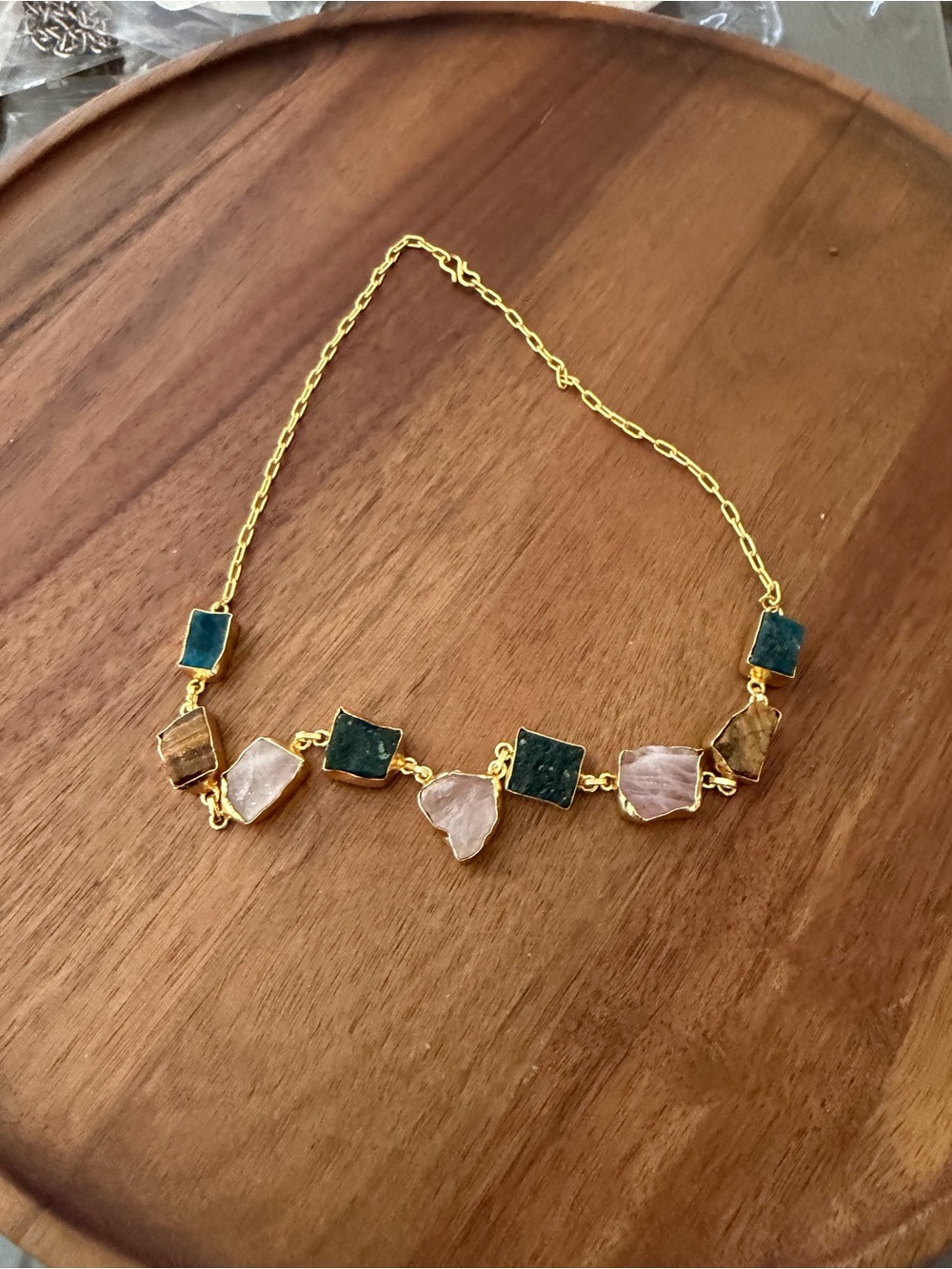 Gold-Plated Multi-Stone Necklace with Green and Pink Accents
